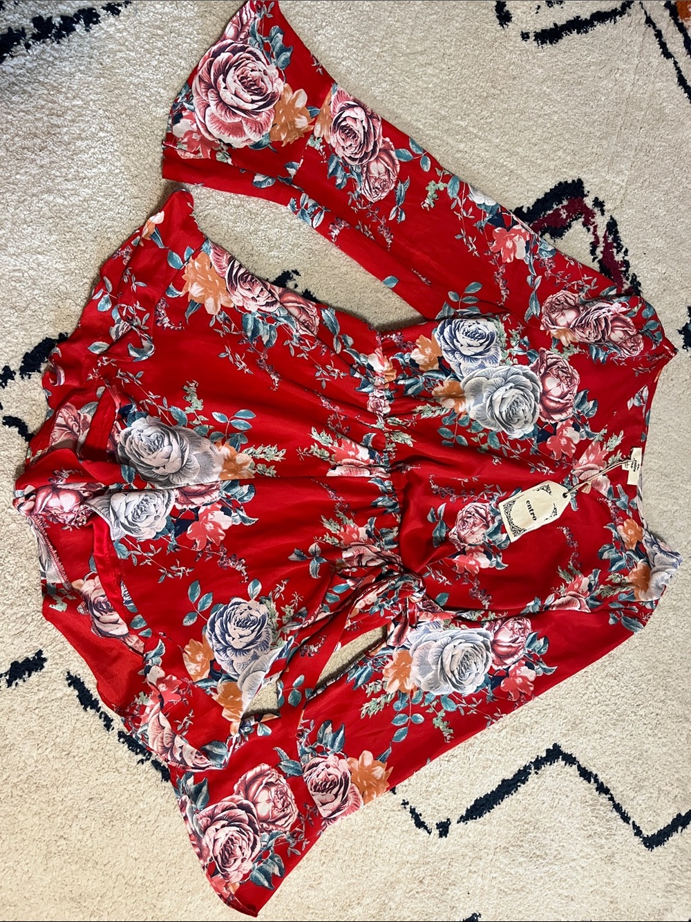 Entro  Red Floral Tie-Front Romper